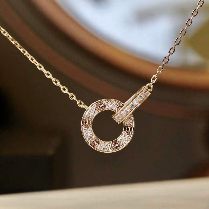[⭐Glow]LOVE 7.6MM NECKLACE ROSE GOLD AND SILVER  FULL DIAMOND