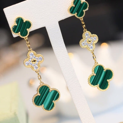 [⭐Glow]CLOVER EARRINGS GOLD MALACHITE DIAMOND 3 MOTIF