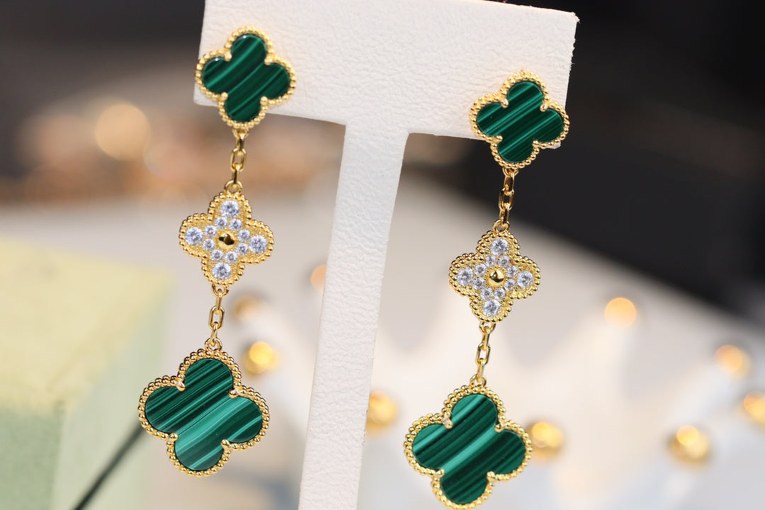 [⭐Glow]CLOVER EARRINGS GOLD MALACHITE DIAMOND 3 MOTIF
