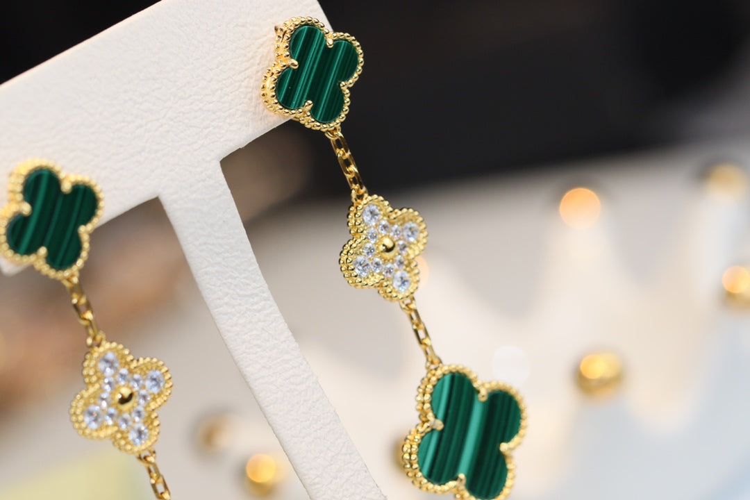 [⭐Glow]CLOVER EARRINGS GOLD MALACHITE DIAMOND 3 MOTIF