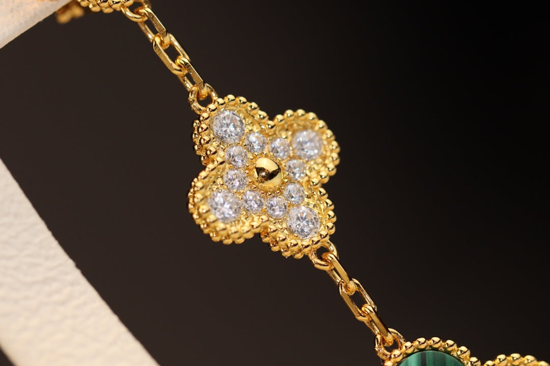[⭐Glow]CLOVER EARRINGS GOLD MALACHITE DIAMOND 3 MOTIF