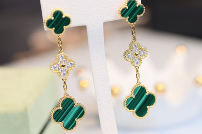 [⭐Glow]CLOVER EARRINGS GOLD MALACHITE DIAMOND 3 MOTIF