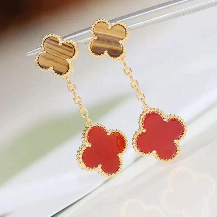 [⭐Glow]CLOVER  2 MOTIF  TIGER EYE CARNELIAN EARRINGS