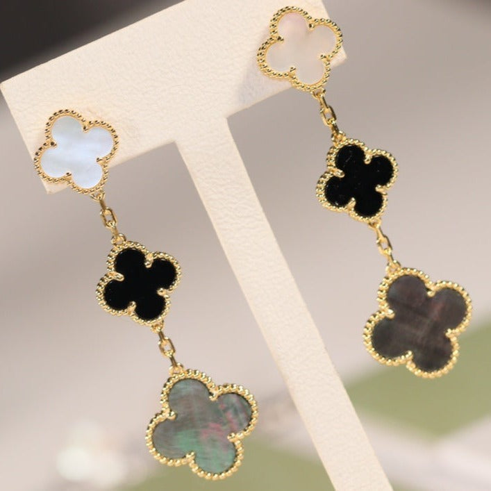 [⭐Glow]CLOVER EARRINGS GOLD ONYX MOP 3 MOTIF