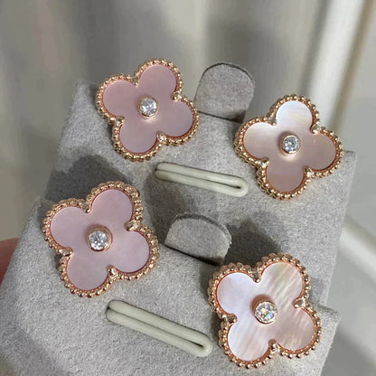 [⭐Glow]CLOVER MEDIUM 1 MOTIFS  PINK MOP DIAMOND EARRINGS
