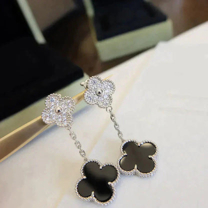 [⭐Glow]CLOVER 2 MOTIFS  DIAMOND ONYX EARRINGS SILVER