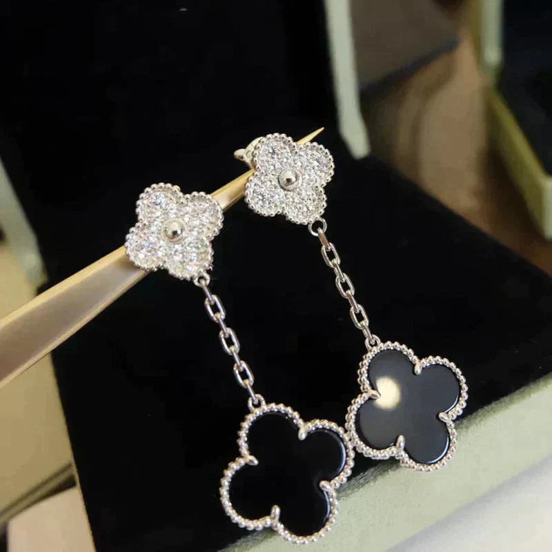 [⭐Glow]CLOVER 2 MOTIFS  DIAMOND ONYX EARRINGS SILVER