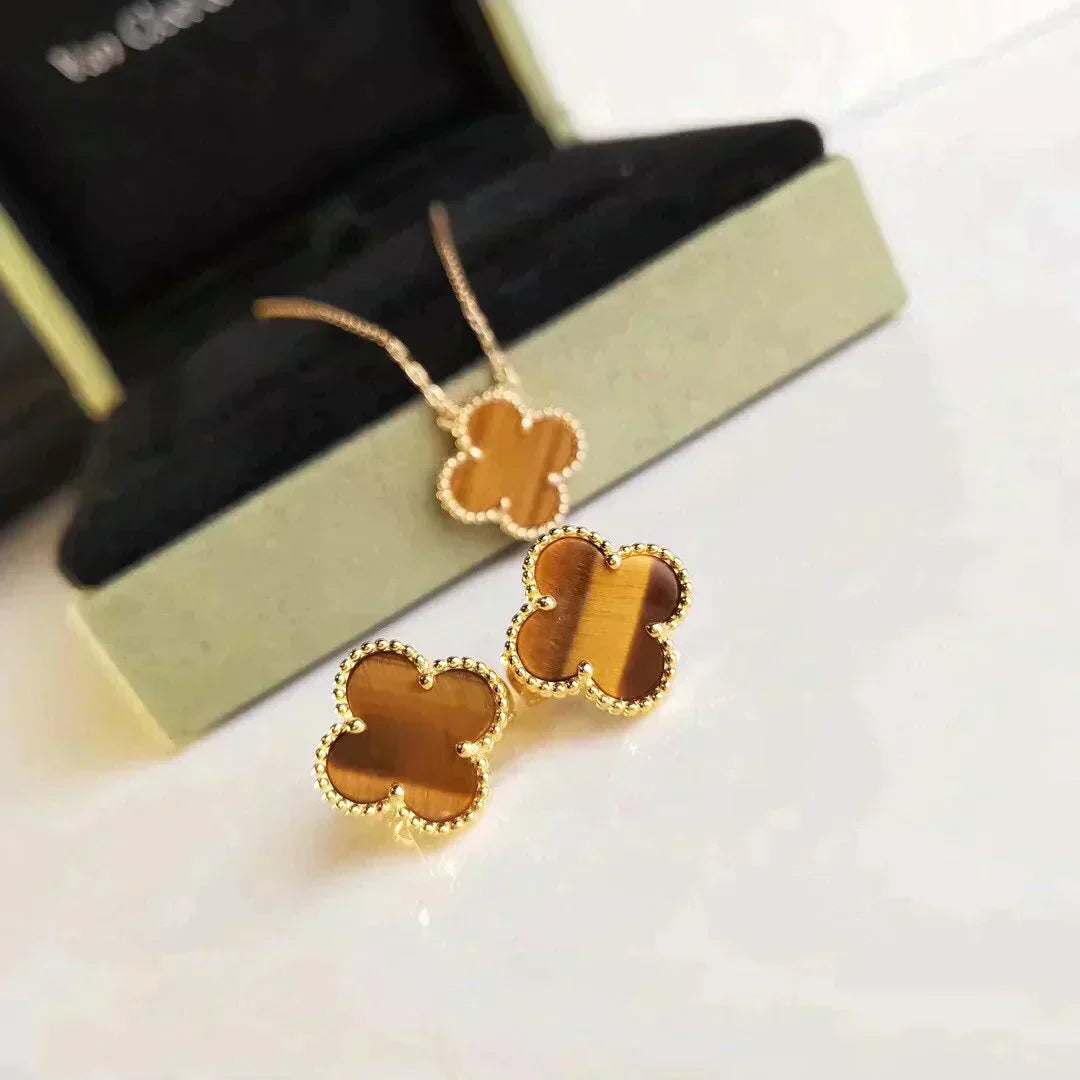 [⭐Glow]CLOVER MEDIUM 1 MOTIFS TIGER EYE EARRINGS