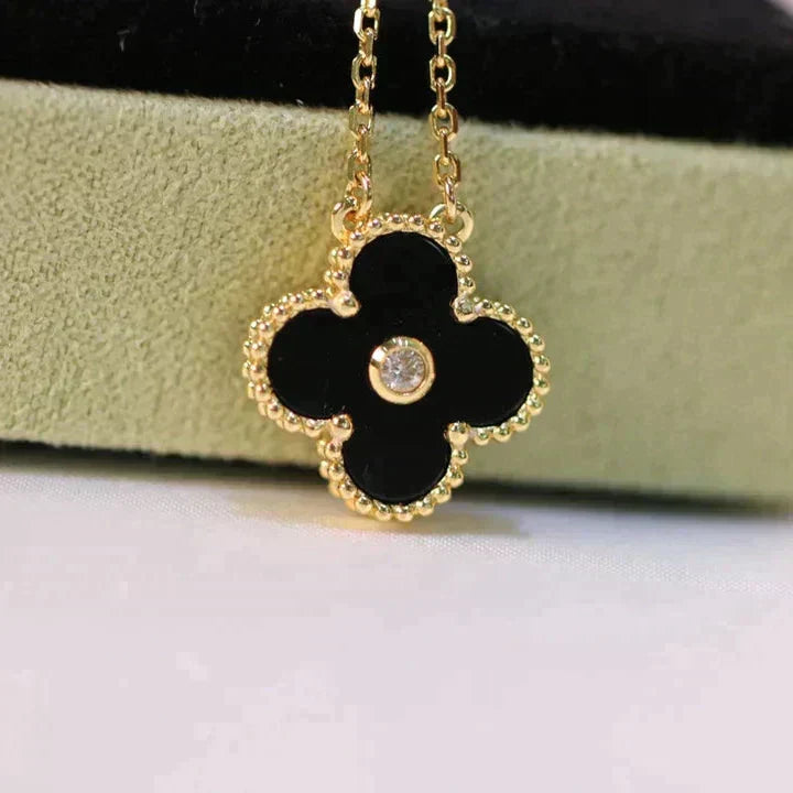 [⭐Glow]CLOVER 15MM DIAMOND ONYX NECKLACE