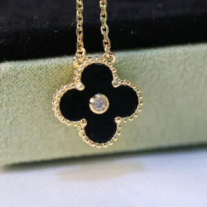 [⭐Glow]CLOVER 15MM DIAMOND ONYX NECKLACE