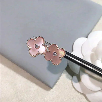 [⭐Glow]CLOVER MEDIUM 1 MOTIFS  PINK MOP DIAMOND EARRINGS