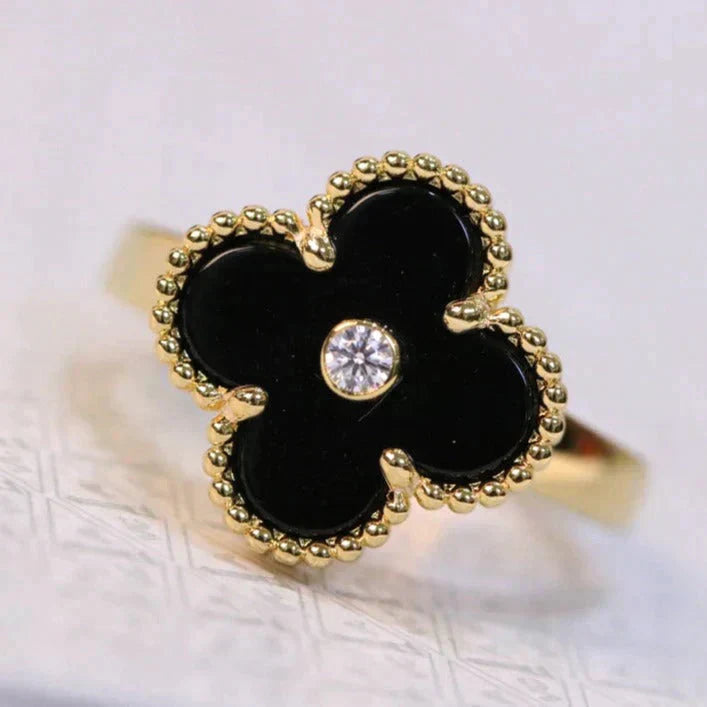 [⭐Glow]CLOVER ONYX RING GOLD DIAMOND