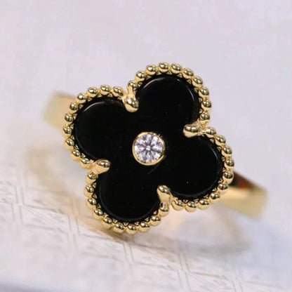 [⭐Glow]CLOVER ONYX RING GOLD DIAMOND
