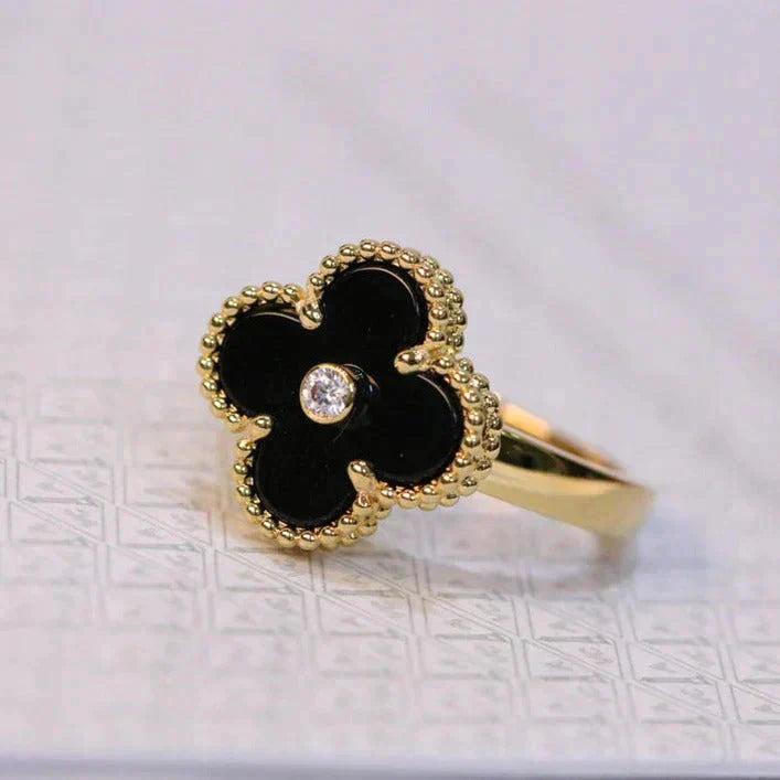 [⭐Glow]CLOVER ONYX RING GOLD DIAMOND