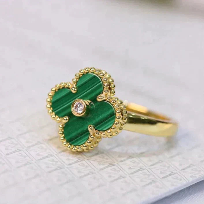 [⭐Glow]CLOVER MALACHITE RING GOLD DIAMOND
