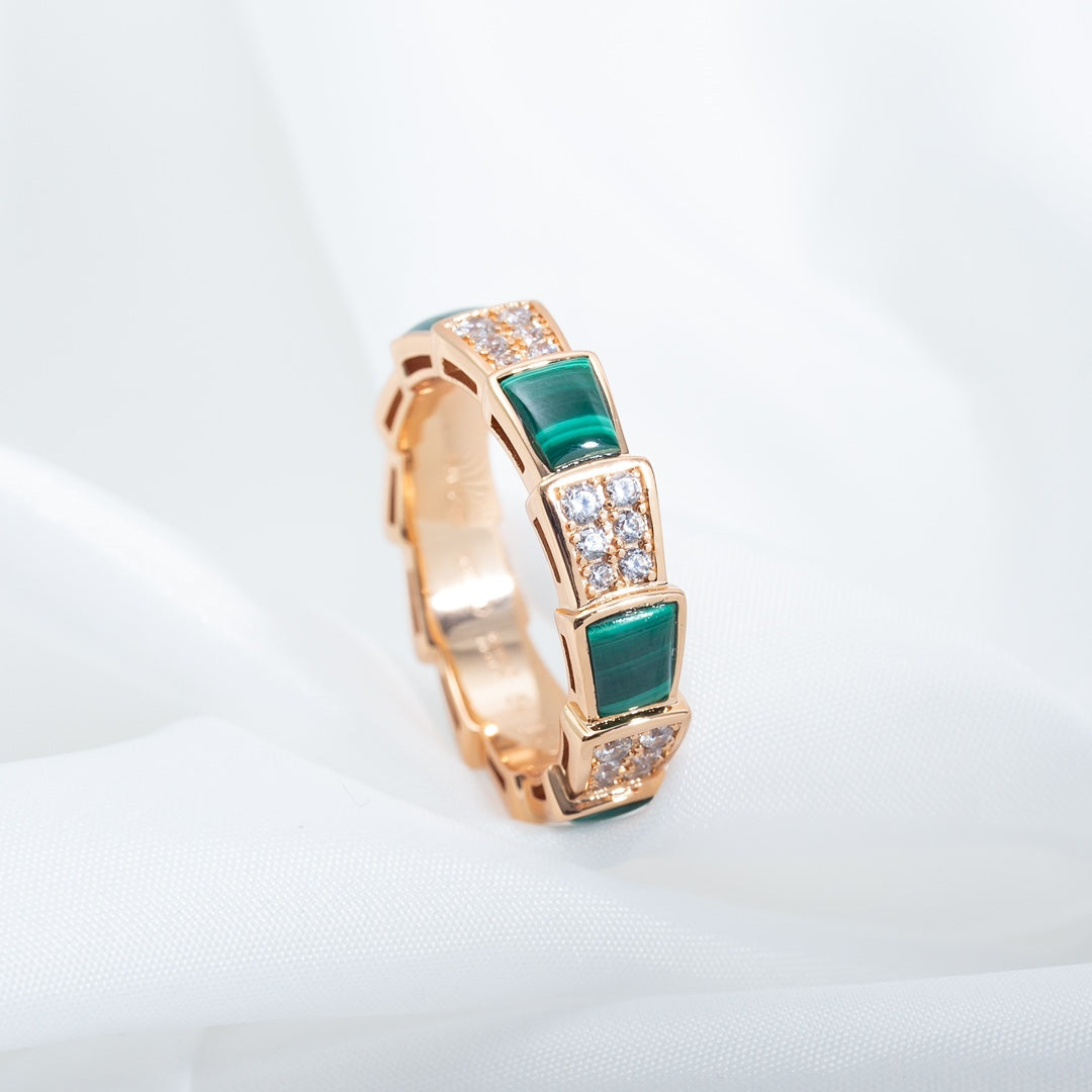 [⭐Glow]SERPENTI RING PINK GOLD MALACHITE DIAMOND PAVED 4MM