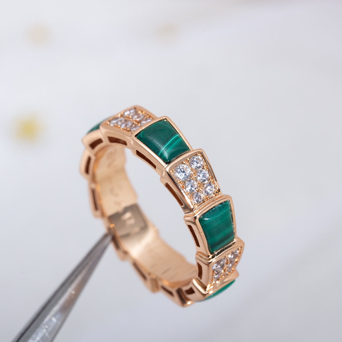 [⭐Glow]SERPENTI RING PINK GOLD MALACHITE DIAMOND PAVED 4MM
