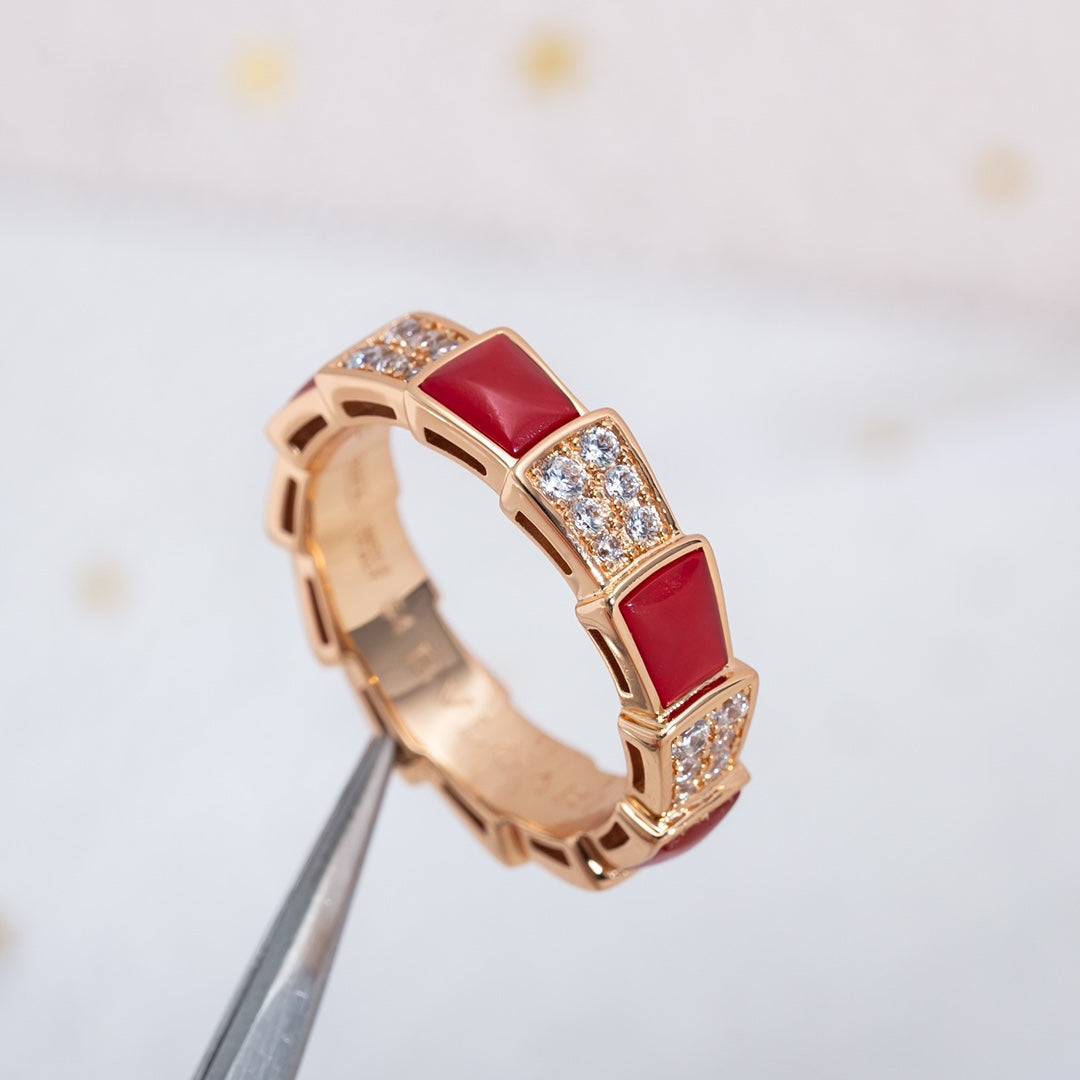 [⭐Glow]SERPENTI RING PINK GOLD CARNELIAN DIAMOND PAVED 4MM