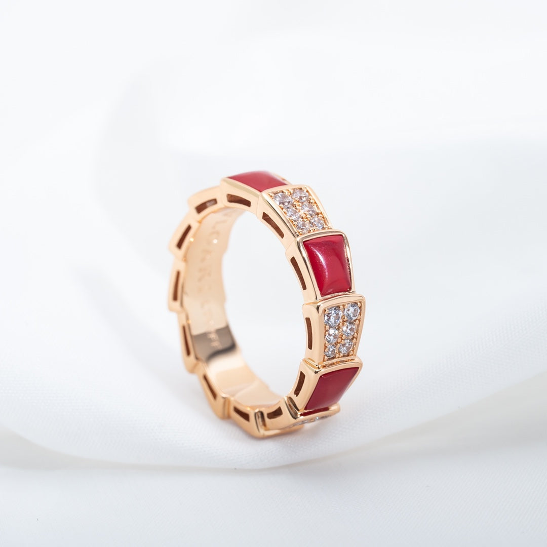 [⭐Glow]SERPENTI RING PINK GOLD CARNELIAN DIAMOND PAVED 4MM