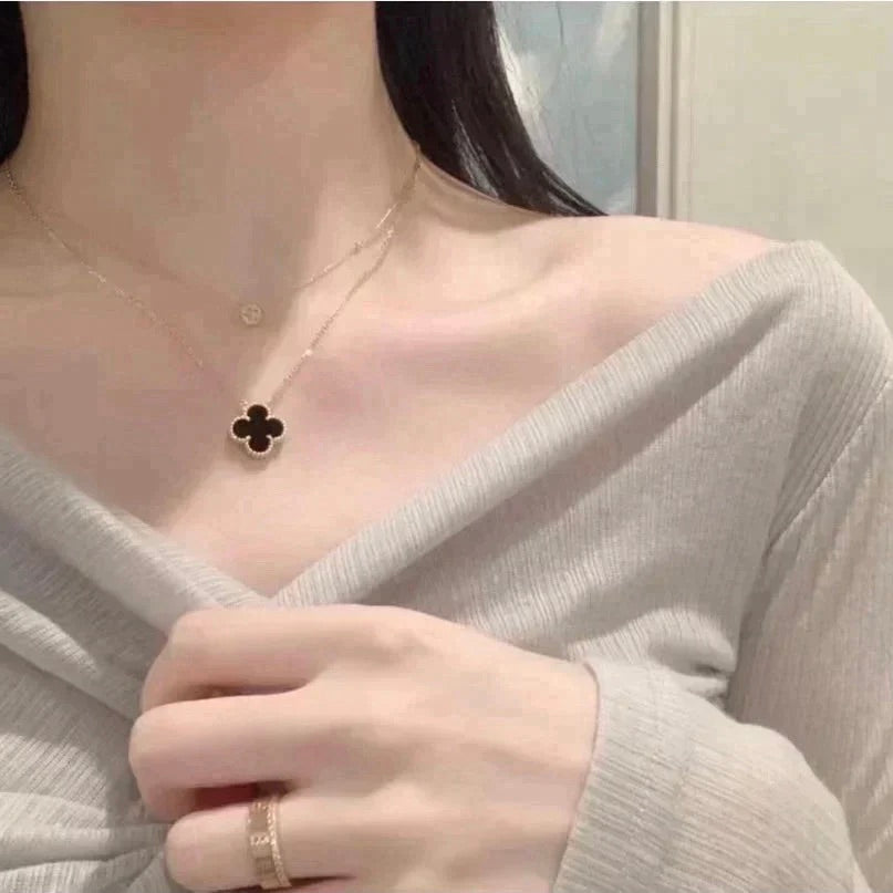 [⭐Glow]CLOVER 15MM BLACK ONYX SINGLE FLOWER NECKLACE
