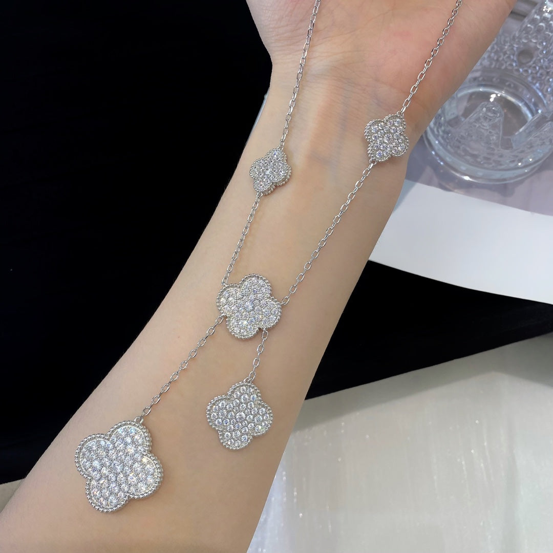 [⭐Glow]CLOVER 5 MOTIFS SILVER DIAMONDS NECKLACE