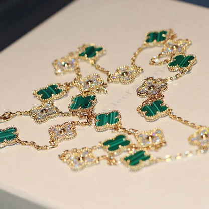 [⭐Glow]CLOVER 20 MOTIFS MALACHITE DIAMOND NECKLACE