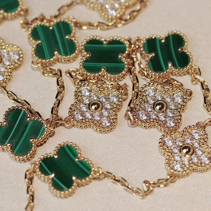 [⭐Glow]CLOVER 20 MOTIFS MALACHITE DIAMOND NECKLACE