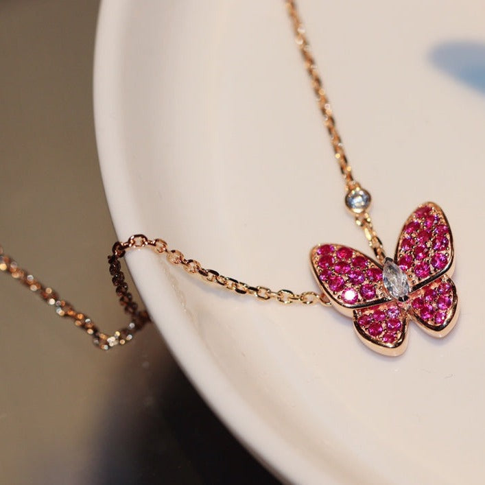 [⭐Glow]BUTTERFLY RED DIAMOND ROSE GOLD NECKLACE