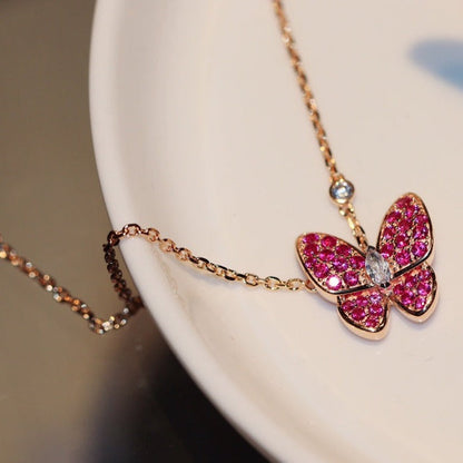 [⭐Glow]BUTTERFLY RED DIAMOND ROSE GOLD NECKLACE