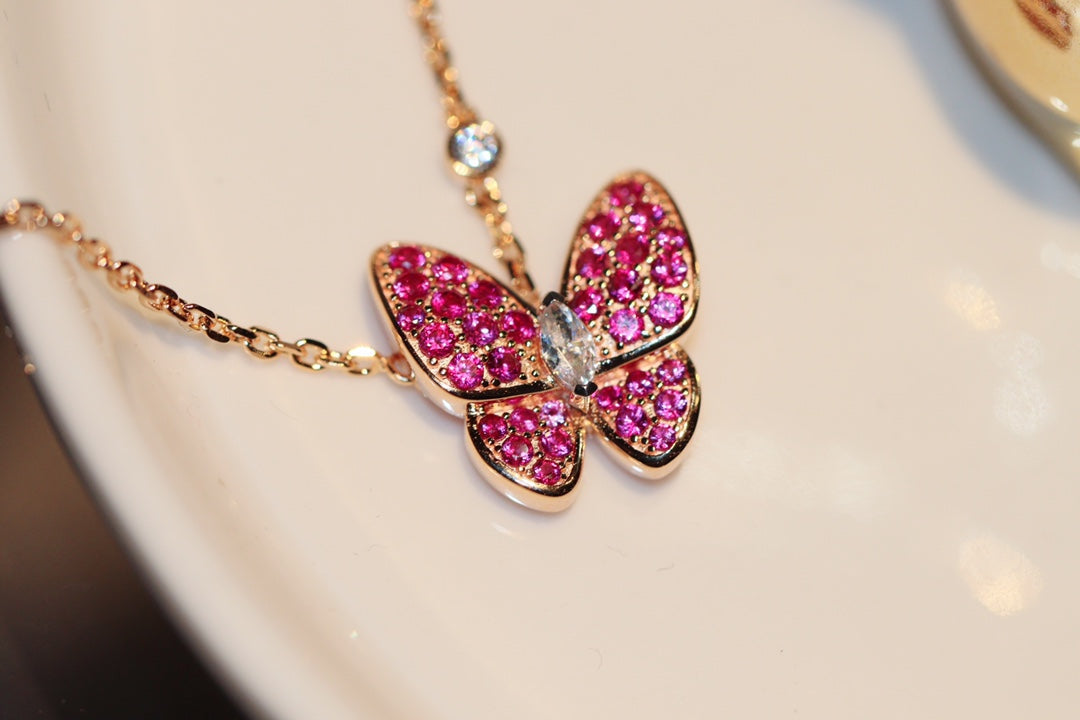 [⭐Glow]BUTTERFLY RED DIAMOND ROSE GOLD NECKLACE