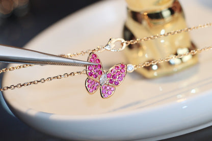 [⭐Glow]BUTTERFLY RED DIAMOND ROSE GOLD NECKLACE