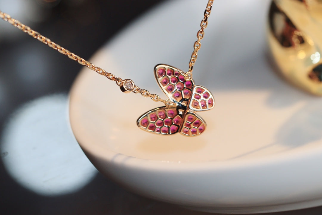 [⭐Glow]BUTTERFLY RED DIAMOND ROSE GOLD NECKLACE