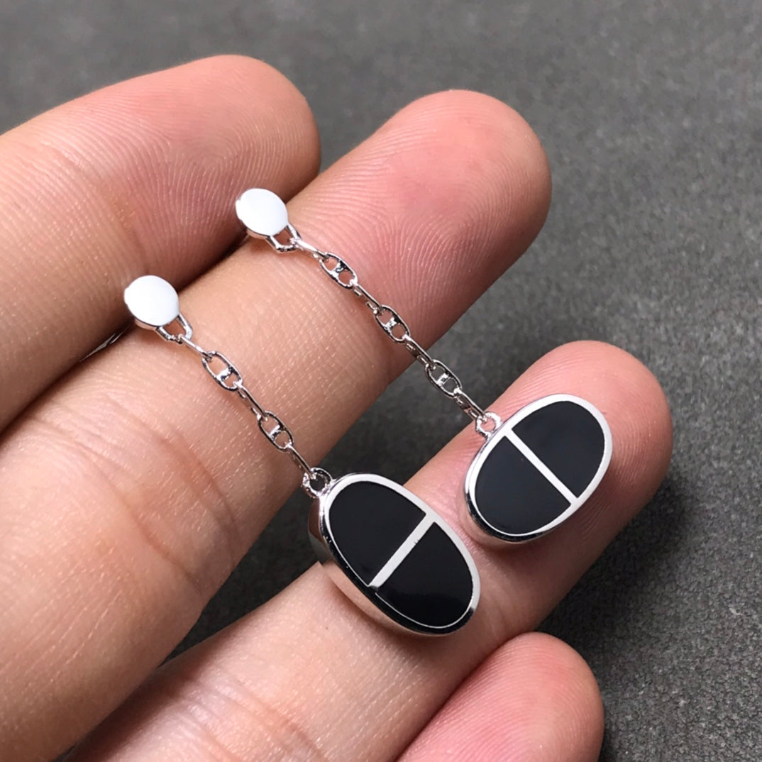 [⭐Glow]CHAINE VERSO BLACK CERAMIC SILVER EARRINGS