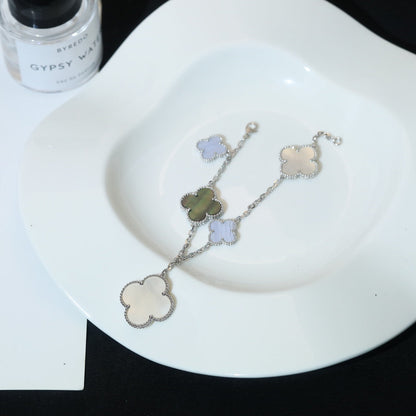 [⭐Glow]CLOVER BRACELET 5 MOTIFS MOP CHALCEDONY SILVER