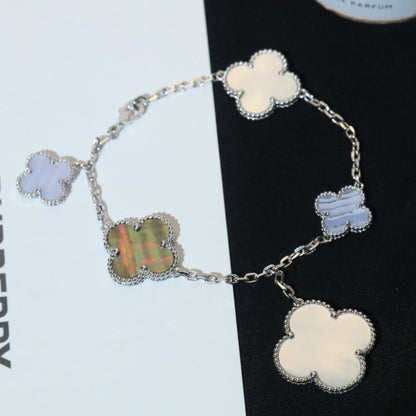[⭐Glow]CLOVER BRACELET 5 MOTIFS MOP CHALCEDONY SILVER