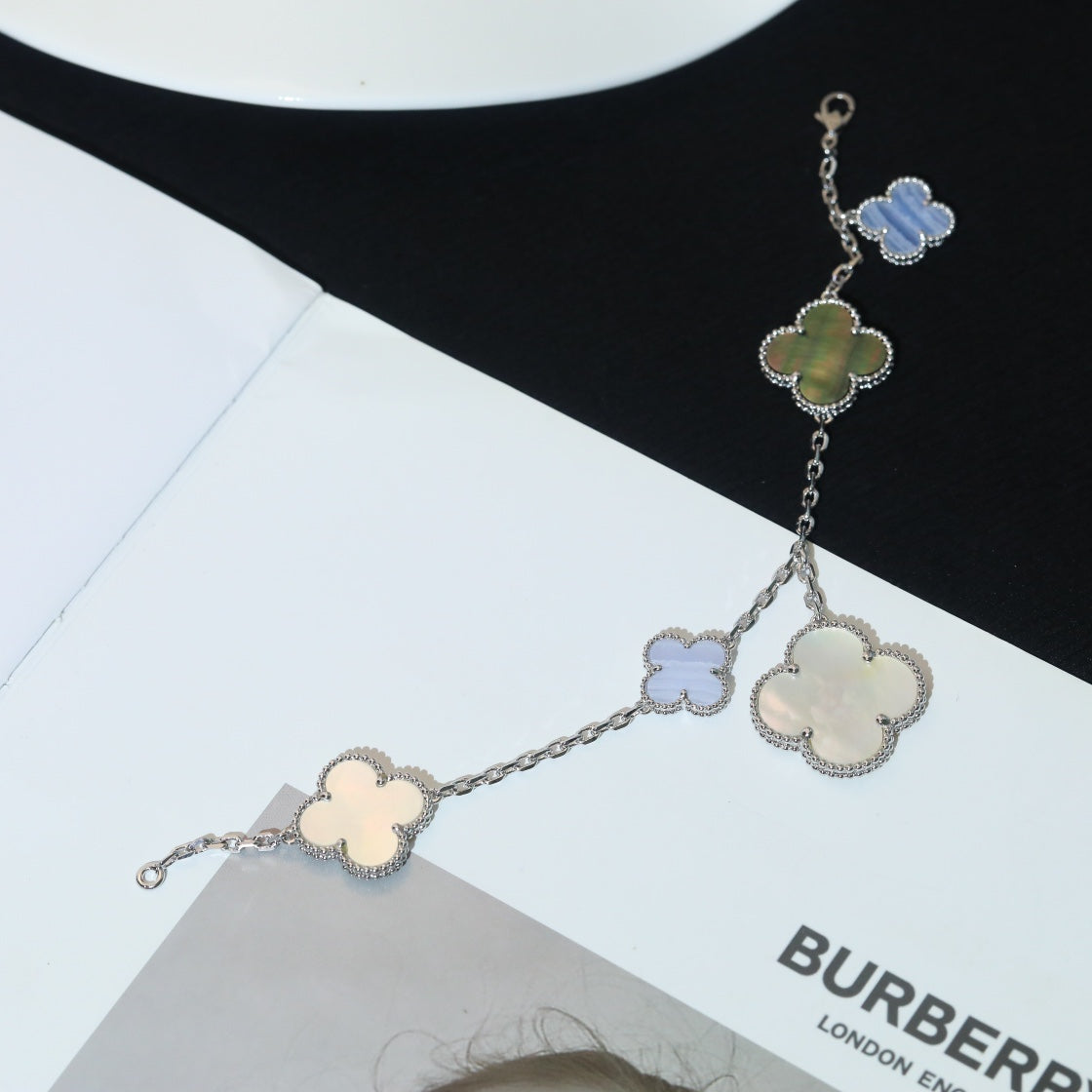[⭐Glow]CLOVER BRACELET 5 MOTIFS MOP CHALCEDONY SILVER