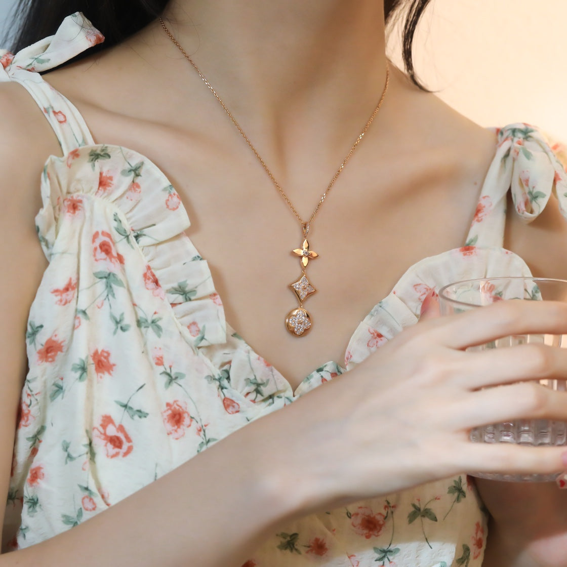 [⭐Glow]STAR AND SUN DIAMOND PINK GOLD NECKLACE