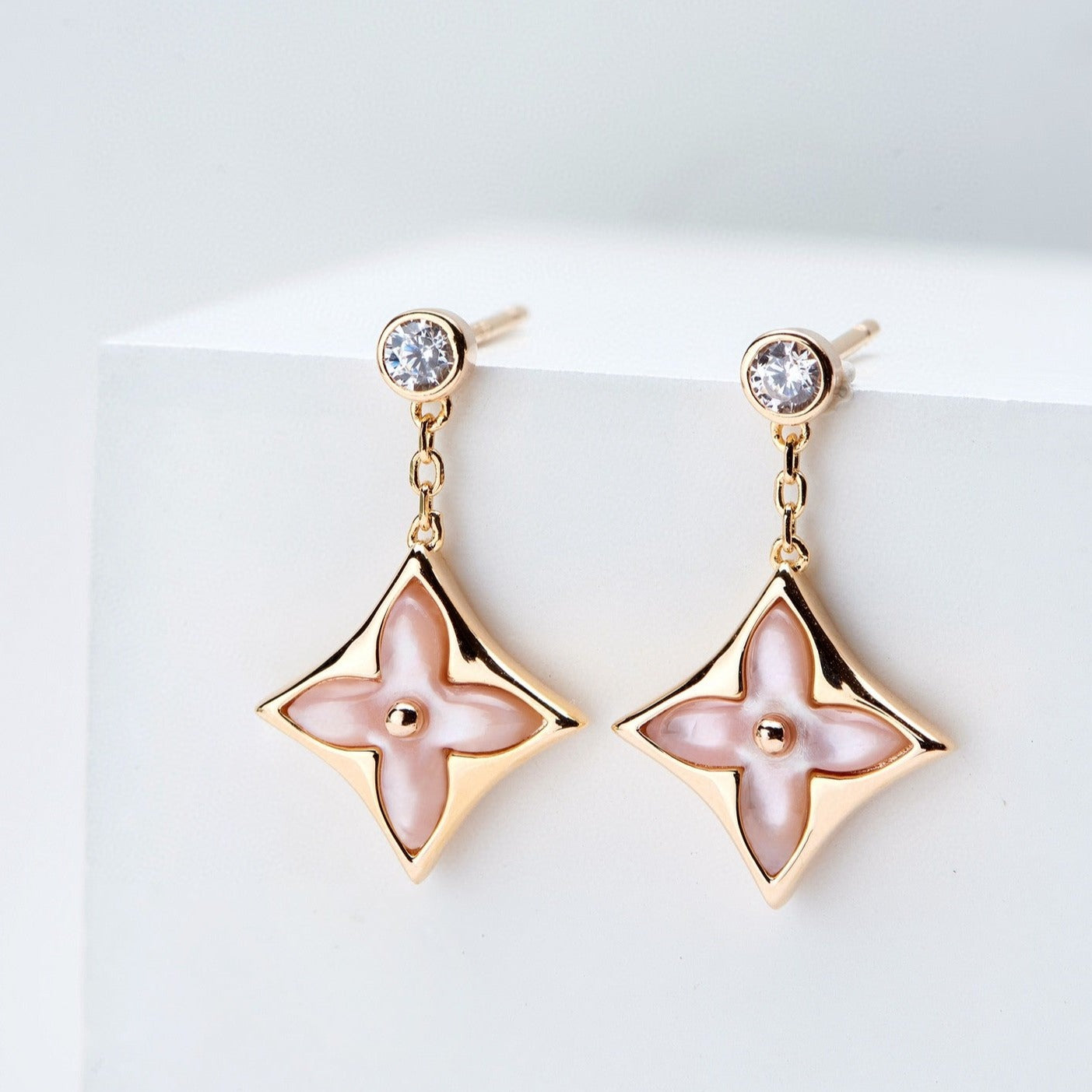 [⭐Glow]DOUBLE STAR PINK GOLD MOP DROP EARRINGS