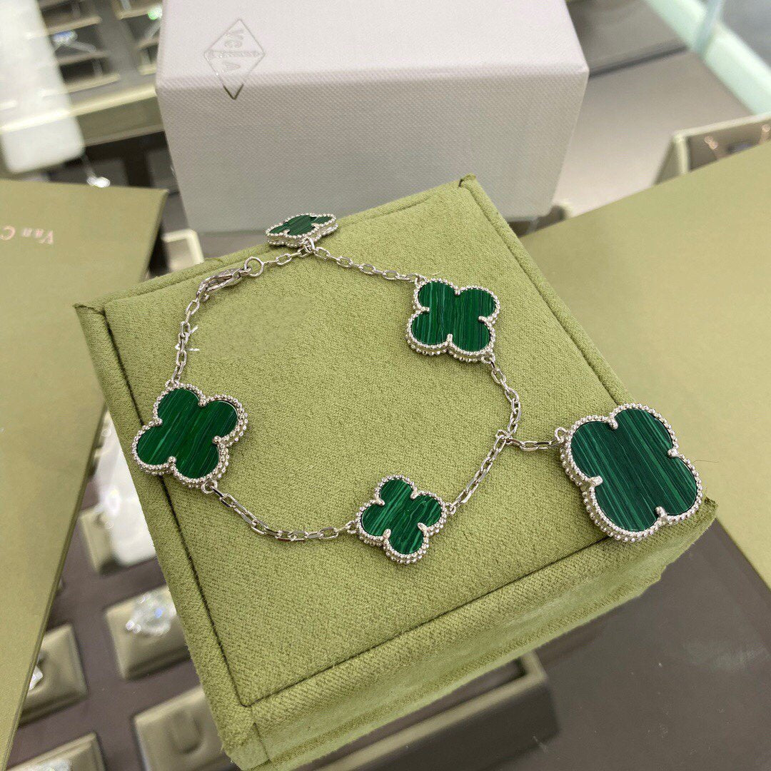 [⭐Glow]CLOVER 5 MOTIFS SIVLER MALACHITE BRACELET
