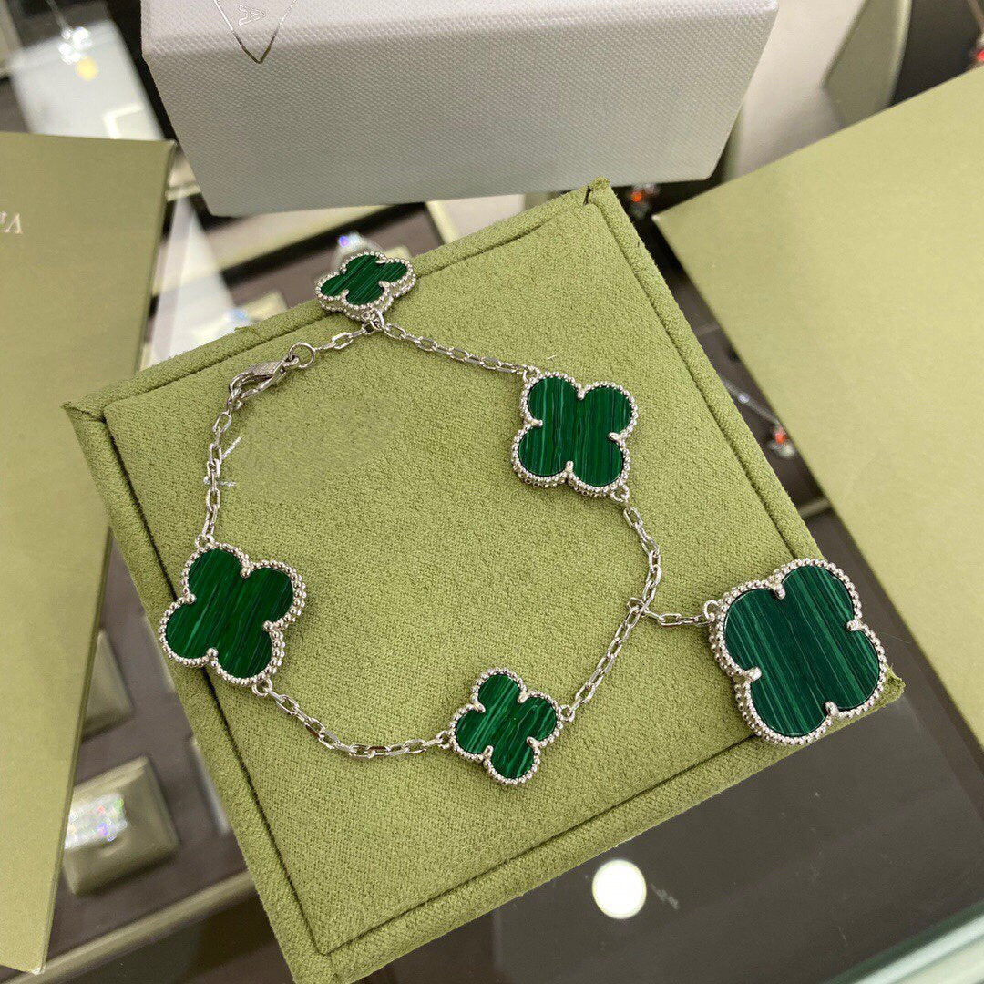 [⭐Glow]CLOVER 5 MOTIFS SIVLER MALACHITE BRACELET