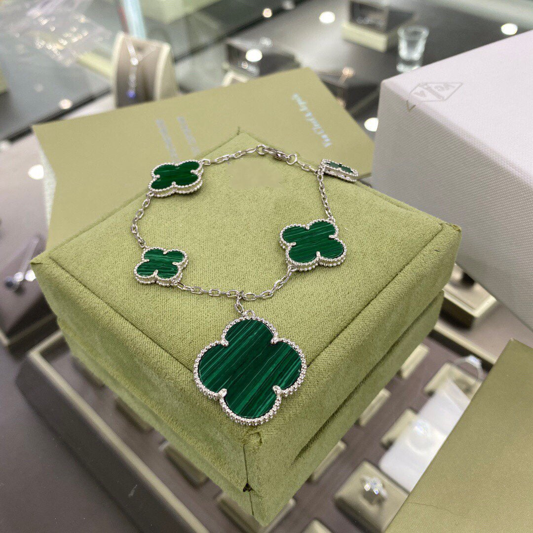 [⭐Glow]CLOVER 5 MOTIFS SIVLER MALACHITE BRACELET