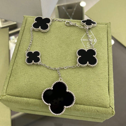 [⭐Glow]CLOVER 5 MOTIFS SIVLER ONYX BRACELET