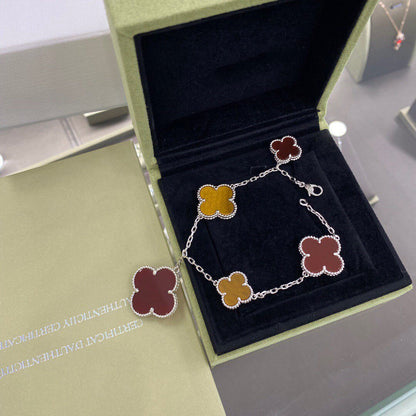 [⭐Glow]CLOVER 5 MOTIFS SIVLER CARNELIAN TIGER EYE BRACELET