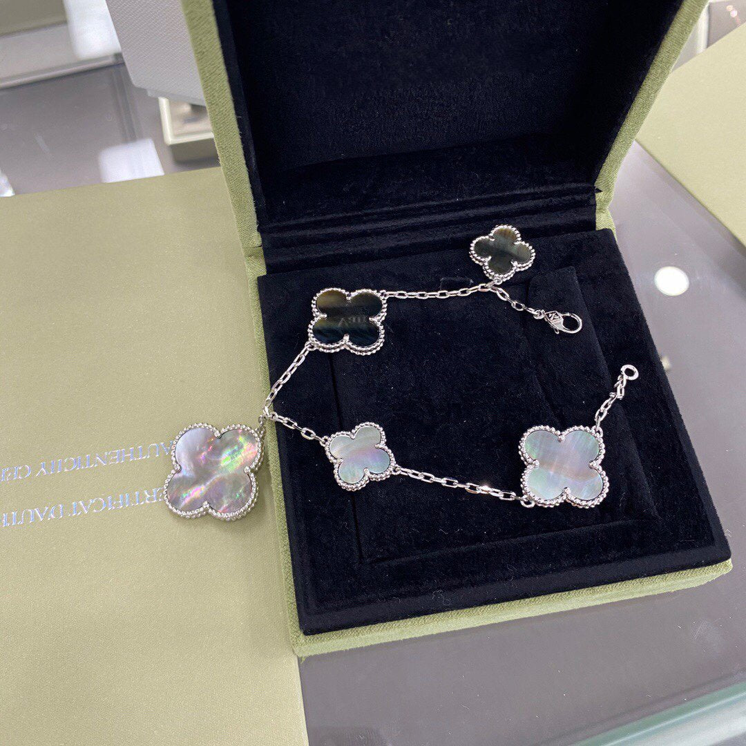 [⭐Glow]CLOVER 5 MOTIFS SIVLER DARK MOP BRACELET