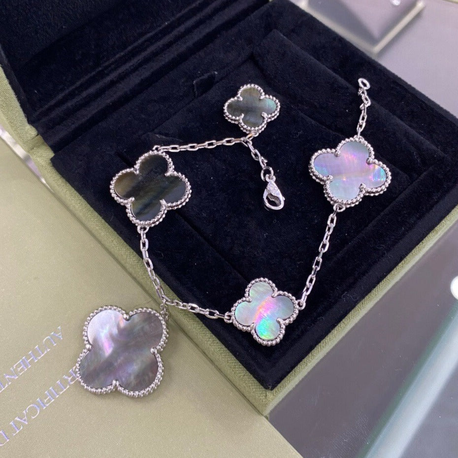 [⭐Glow]CLOVER 5 MOTIFS SIVLER DARK MOP BRACELET