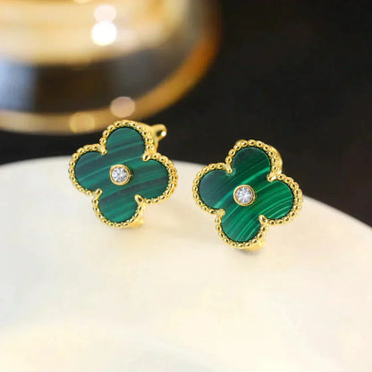 [⭐Glow]CLOVER MEDIUM 1 MOTIFS MALACHITE DIAMOND EARRINGS