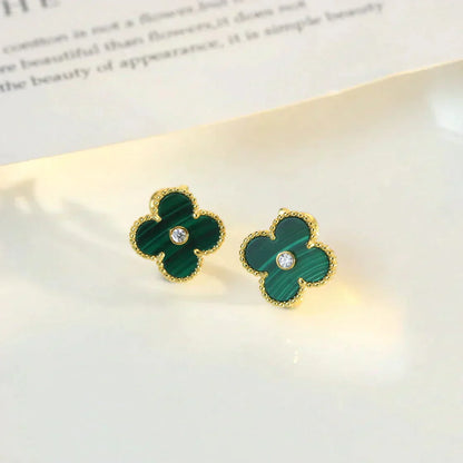 [⭐Glow]CLOVER MEDIUM 1 MOTIFS MALACHITE DIAMOND EARRINGS
