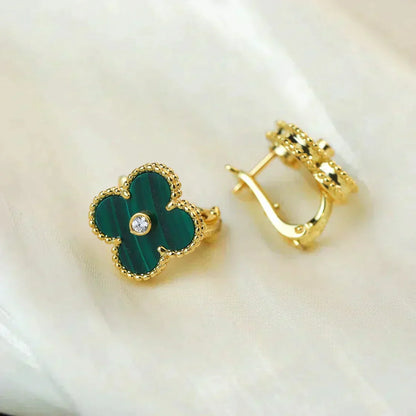 [⭐Glow]CLOVER MEDIUM 1 MOTIFS MALACHITE DIAMOND EARRINGS