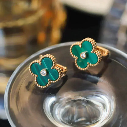 [⭐Glow]CLOVER MEDIUM 1 MOTIFS MALACHITE DIAMOND EARRINGS