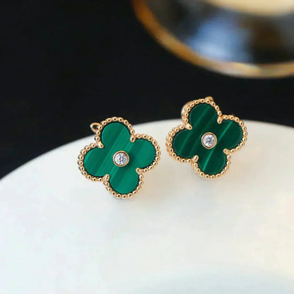[⭐Glow]CLOVER MEDIUM 1 MOTIFS MALACHITE DIAMOND EARRINGS